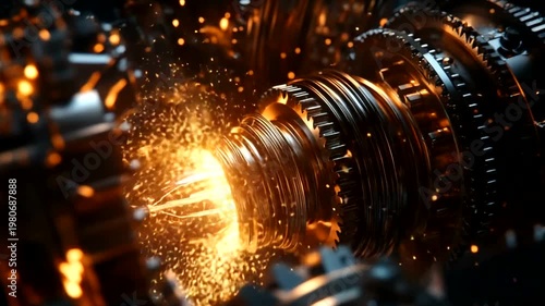 Close-up view of a glowing mechanical engine component with sparks in a dark industrial setting