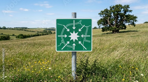 Green directional road sign with white arrows pointing to center, rural landscape with grassy fields and oak tree, conceptual meeting point sign