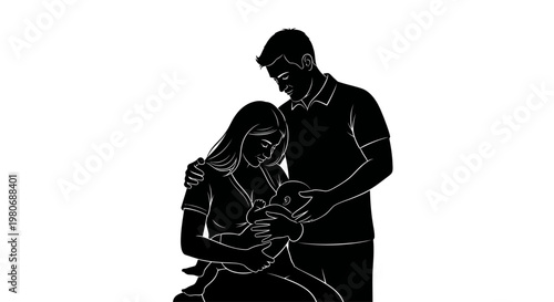 Silhouette illustration of a mother breastfeeding her newborn baby with father standing by.
