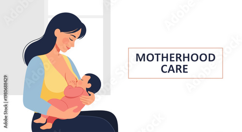 A loving mother breastfeeding her newborn baby in a flat illustration style.