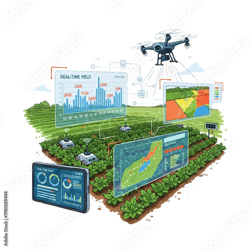 Smart Farm Concept with Real-Time Yield Tracking System Vector Illustration