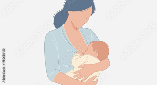 A mother breastfeeding her newborn baby in a flat vector illustration style.