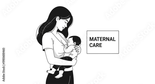 Black and white line art illustration of a mother holding and breastfeeding her baby.