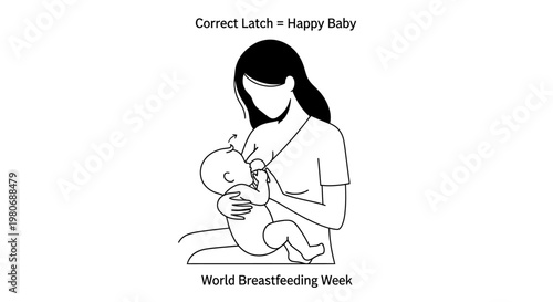 Black and white line art illustration of a mother breastfeeding her infant baby.