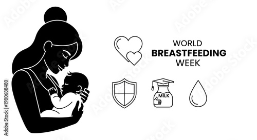 Black and white illustration of a mother breastfeeding her baby for World Breastfeeding Week.