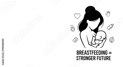 Black and white illustration of a mother breastfeeding her baby with icons.