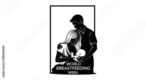 Black and white illustration of a mother breastfeeding her baby with father support.
