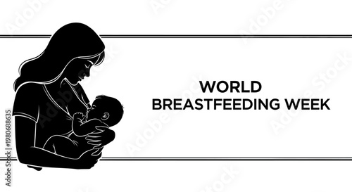 Black and white illustration of a mother breastfeeding her newborn baby.