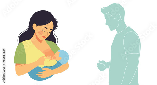 A mother breastfeeding her newborn baby with a silhouette of a man nearby.