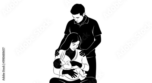 A tender black and white illustration of a mother breastfeeding her newborn baby with the father standing behind her for support.