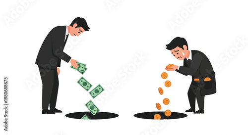 Two businessmen losing money into dark holes illustrating financial loss