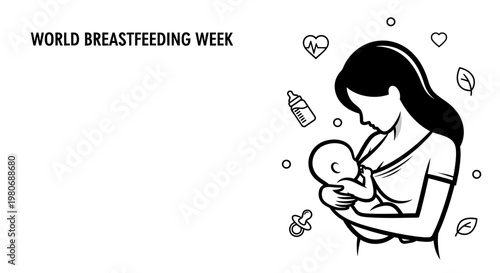 Black and white illustration of a mother breastfeeding her newborn baby.