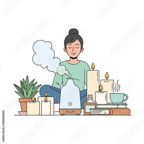 Woman using humidifier at home peacefully.
