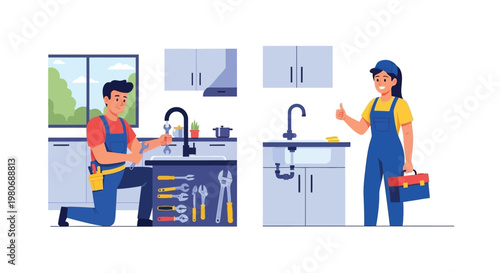 A plumber and a homeowner review completed kitchen repairs with a thumbs up