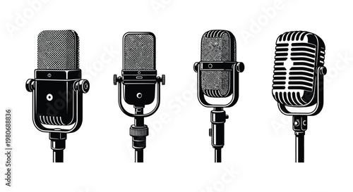 Four vintage style microphones presented in a black and white illustration