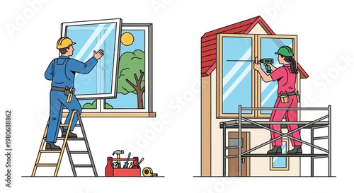 Construction workers installing new windows on a house exterior