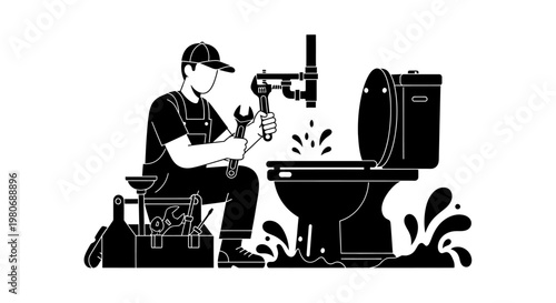 A plumber repairs a leaking toilet with tools and a toolbox nearby