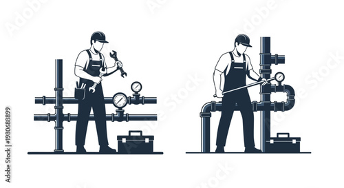 Two illustrations of plumbers working on industrial pipe systems