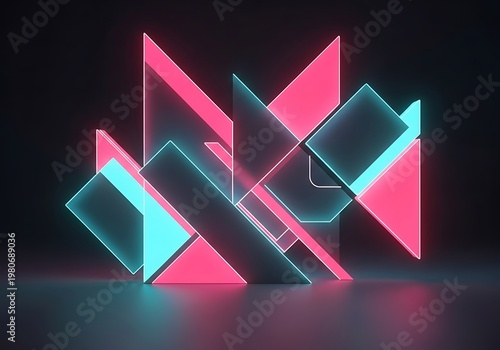 Abstract geometric composition with neon lights on dark background
