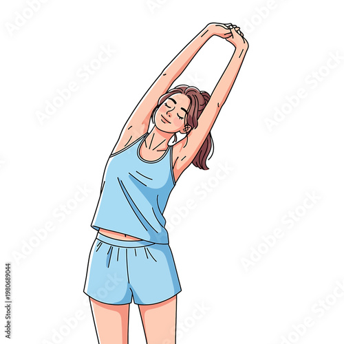 Woman stretching her arms up high 4.