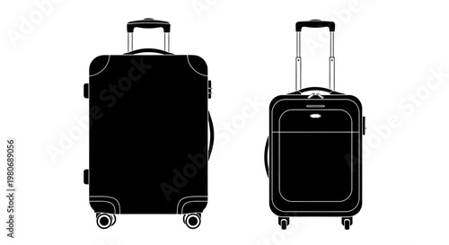 Two black and white silhouettes of wheeled suitcases facing forward