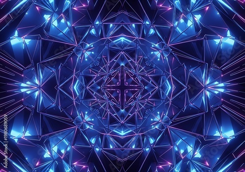 Abstract geometric art design with symmetrical shapes in blue and purple colors