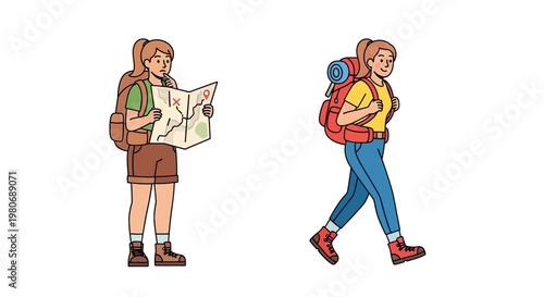 Two young women hiking and navigating with a map outdoors