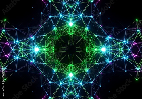 Abstract geometric network with vibrant glowing lines and a dark background