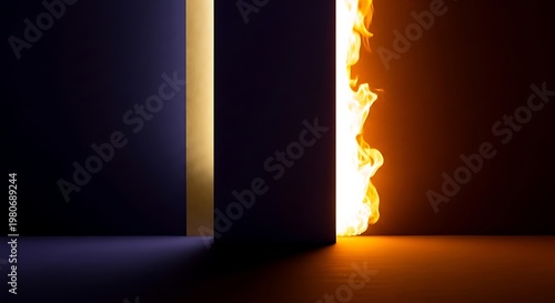 Conceptual Split View Between Darkness and Bright Fire.