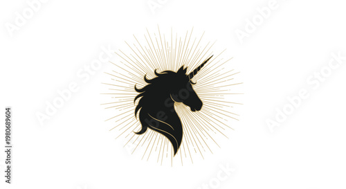 Magical black unicorn head silhouette surrounded by golden sunburst light rays in an elegant and mythical vector illustration.