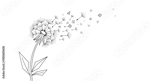 Abstract black and white sketch of a dandelion losing its seeds which transform into sharp geometric triangles.