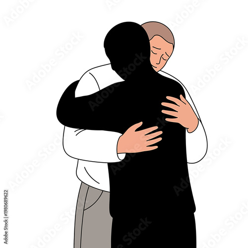 Two men hugging each other tightly.