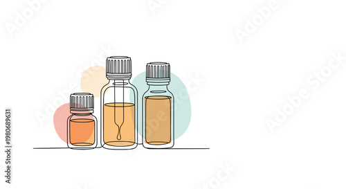 Minimalist essential oil glass bottles and a dropper in continuous line art style with soft pastel color shapes.