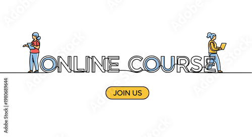 Horizontal banner for online course with two characters using digital devices and text in continuous line art.