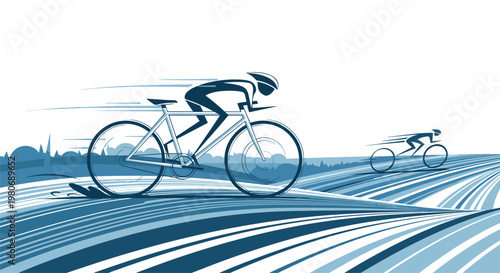 Dynamic illustration of professional cyclists racing on a track with speed lines in various shades of blue color.