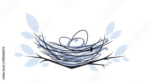 Bird nest with blue eggs resting on tree branches with leaves in a stylized and elegant nature illustration.