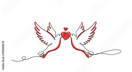 Romantic illustration of two white doves holding a bright red heart in their beaks in continuous line art style.