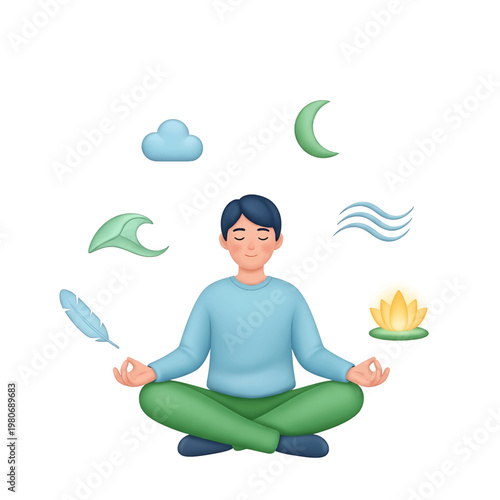 Man meditates in lotus position calmly.