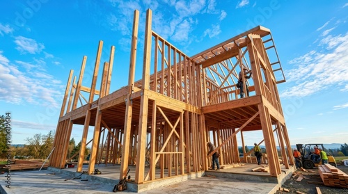 Partially Erected Wooden Home Frame Under a Bright Blue Sky with Workers Onsite
