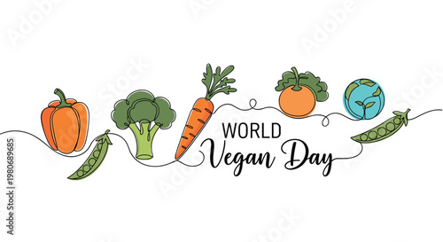 World vegan day banner showing various fresh vegetables like carrot broccoli and pepper in line art drawing.