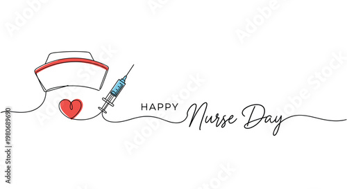 Happy nurse day greeting card featuring a nurse cap syringe and heart in a creative continuous line art style.