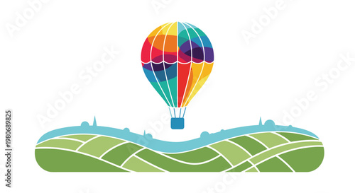 Vibrant hot air balloon with colorful patterns flying over rolling green hills in a stylized geometric design.