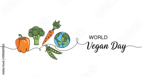 World vegan day concept illustration with various vegetables and the earth globe in a continuous line art style.