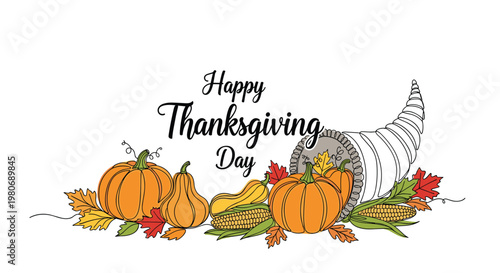Happy thanksgiving day banner featuring pumpkins corn and a full cornucopia in a festive and colorful line art drawing.