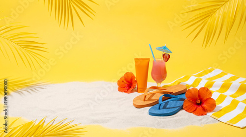 Bright yellow backdrop frames tropical beach scene. White sand holds colorful sandals and vibrant flowers. Tropical drink with umbrella rests beside sunscreen tube
