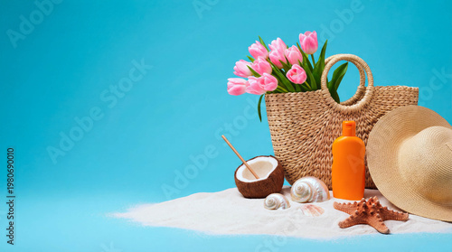 Bright blue background shows summer beach vibes. Pink tulips in woven bag add soft, fresh contrast. Coconut, shells, starfish, and sun hat suggest seaside relaxation