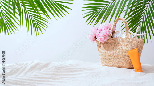 Tropical leaves frame a woven basket with pink flowers. Orange tube rests beside it, hinting at sun care. Soft sand and bright background create calm, airy feel