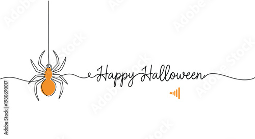 Happy halloween banner featuring an orange spider hanging on its web in a creative continuous line art style.