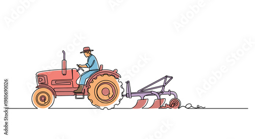 Male farmer driving a red tractor with a plow in a continuous line art illustration for agriculture and farming.