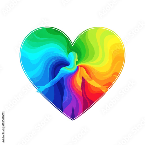 Rainbow colored heart with person inside.